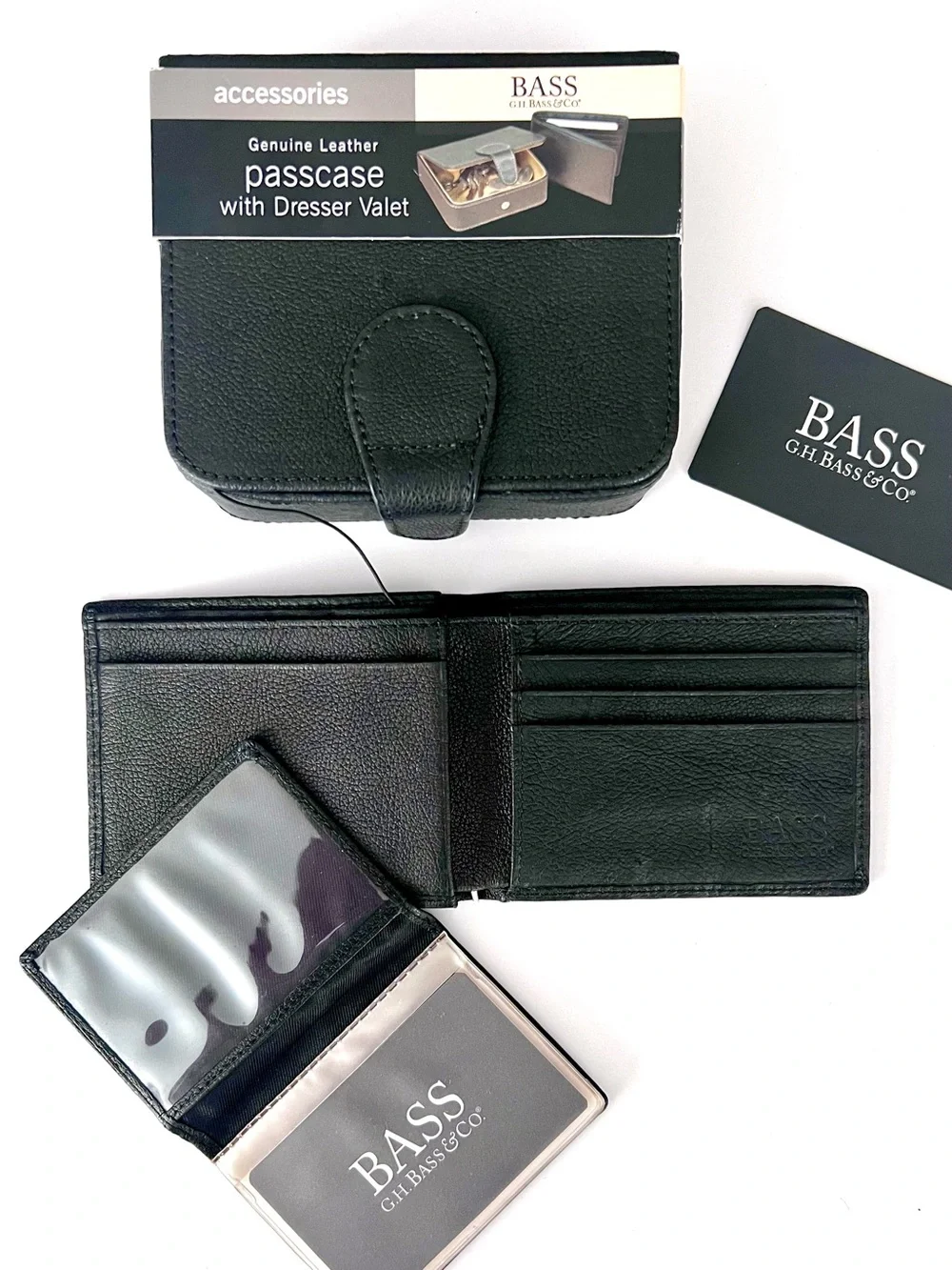BASS Men’s Black Genuine Leather Wallet with Card Holder & Dresser Valet Box